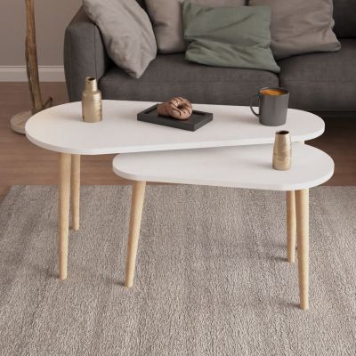 COFFEE TABLES 2PCS APRILIA HM18179.05 MELAMINE IN WHITE-WOODEN LEGS IN NATURAL 95x47x47Hcm