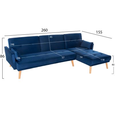 CORNER SOFA-BED REVERSIBLE PANTHEA HM3127.18 BLUE VELVET 260x155x86Hcm.