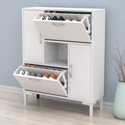 SHOE CABINET MEDY HM18187.03 MELAMINE IN WHITE-WHITE LEGS 86,5x30x109Hcm.