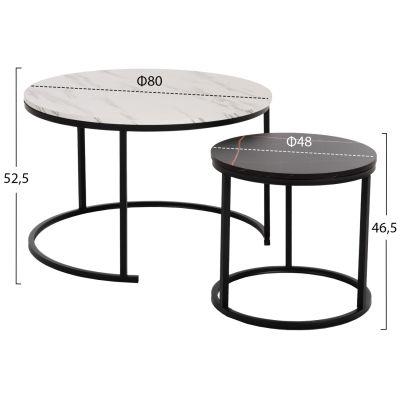 COFFEE TABLE HM8763.14 2PCS SET MDF IN MARBLE LOOK MIX COLOR WITH BLACK LEGS Φ80-Φ48cm