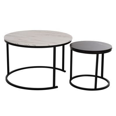 COFFEE TABLE HM8763.14 2PCS SET MDF IN MARBLE LOOK MIX COLOR WITH BLACK LEGS Φ80-Φ48cm