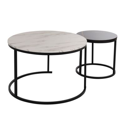 COFFEE TABLE HM8763.14 2PCS SET MDF IN MARBLE LOOK MIX COLOR WITH BLACK LEGS Φ80-Φ48cm