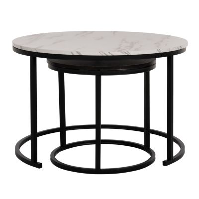 COFFEE TABLE HM8763.14 2PCS SET MDF IN MARBLE LOOK MIX COLOR WITH BLACK LEGS Φ80-Φ48cm