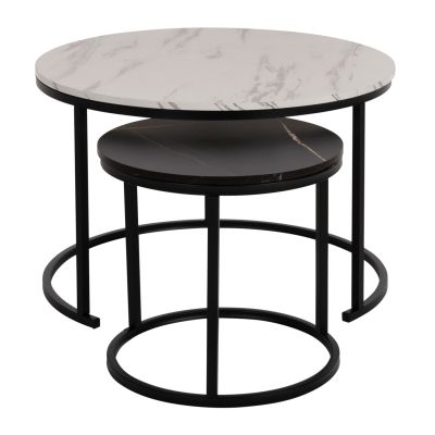 COFFEE TABLE HM8763.14 2PCS SET MDF IN MARBLE LOOK MIX COLOR WITH BLACK LEGS Φ80-Φ48cm