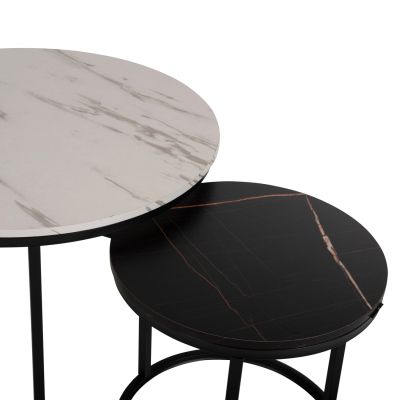 COFFEE TABLE HM8763.14 2PCS SET MDF IN MARBLE LOOK MIX COLOR WITH BLACK LEGS Φ80-Φ48cm