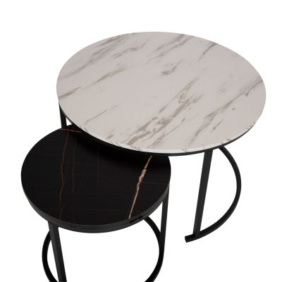 COFFEE TABLE HM8763.14 2PCS SET MDF IN MARBLE LOOK MIX COLOR WITH BLACK LEGS Φ80-Φ48cm