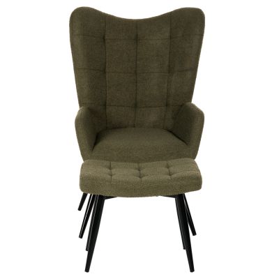 ARMCHAIR CRAWLEY WITH FOOTSTOOL HM8918.23 CYPRESS GREEN BOUCLE FABRIC-BLACK METAL LEGS 70x74x105Hcm.