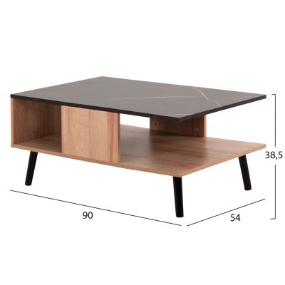 COFFEE TABLE WITH SHELF GUNNEZ HM9036.22 OAK-BLACK MARBLE 90x54x38,5H cm.