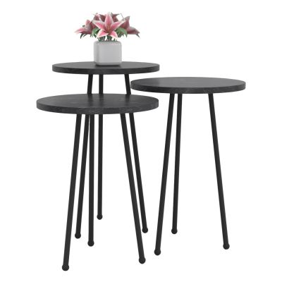 SET OF 3 ROUND SIDE TABLES KISSA HM18174.02 MELAMINE IN BLACK MARBLE COLOR-BLACK METAL LEGS