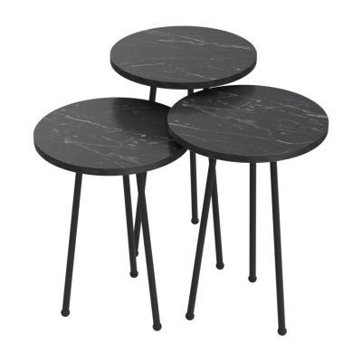 SET OF 3 ROUND SIDE TABLES KISSA HM18174.02 MELAMINE IN BLACK MARBLE COLOR-BLACK METAL LEGS