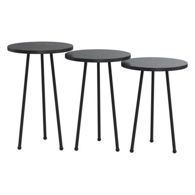 SET OF 3 ROUND SIDE TABLES KISSA HM18174.02 MELAMINE IN BLACK MARBLE COLOR-BLACK METAL LEGS