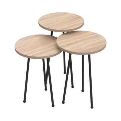 SET OF 3 ROUND SIDE TABLES KISSA HM18174.03 MELAMINE IN SONAMA COLOR-BLACK METAL LEGS