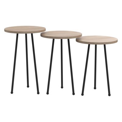 SET OF 3 ROUND SIDE TABLES KISSA HM18174.03 MELAMINE IN SONAMA COLOR-BLACK METAL LEGS