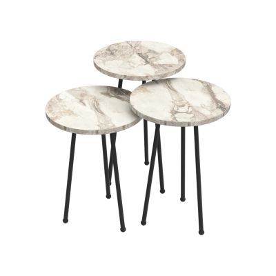 SET OF 3 ROUND SIDE TABLES KISSA HM18174.01 MELAMINE IN WHITE MARBLE COLOR-BLACK METAL LEGS