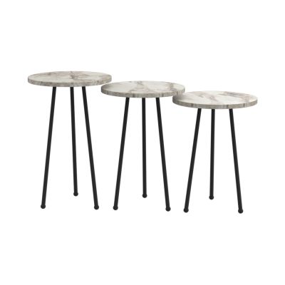 SET OF 3 ROUND SIDE TABLES KISSA HM18174.01 MELAMINE IN WHITE MARBLE COLOR-BLACK METAL LEGS