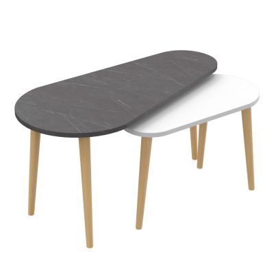 COFFEE TABLES 2PCS APRILIA HM18179.01 MELAMINE IN BLACK MARBLE & WHITE-WOODEN LEGS IN NATURAL 95x47x47Hcm