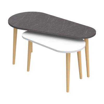 COFFEE TABLES 2PCS APRILIA HM18179.01 MELAMINE IN BLACK MARBLE & WHITE-WOODEN LEGS IN NATURAL 95x47x47Hcm