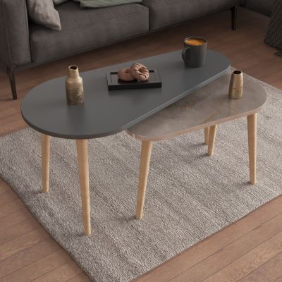 COFFEE TABLES 2PCS APRILIA HM18179.06 MELAMINE IN ANTHRACITE & GREY MARBLE-WOODEN LEGS IN NATURAL 95x47x47Hcm