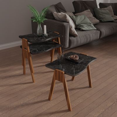 SIDE TABLES 3PCS SET ESSENT HM18175.02 MELAMINE IN WALNUT-BLACK MARBLE TOP 45x35x40Hcm.