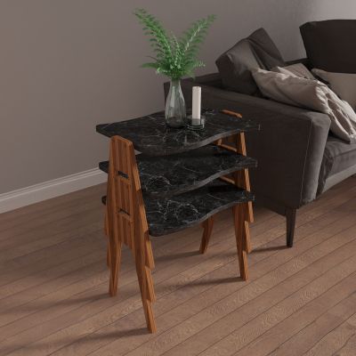 SIDE TABLES 3PCS SET ESSENT HM18175.02 MELAMINE IN WALNUT-BLACK MARBLE TOP 45x35x40Hcm.