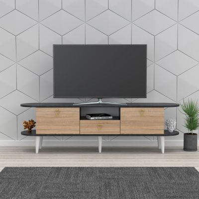 TV FURNITURE BEECON HM18185 MELAMINE IN BLACK MARBLE & SONAMA-WHITE LEGS 180x36x53Hcm.