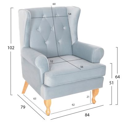 BERGERE ARMCHAIR BRANDON HM3073.31 BABY BLUE VELVET-LEGS IN NATURAL WOOD COLOR 82,5x80x104Hcm.