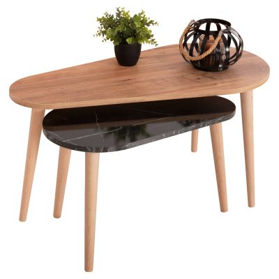 COFFEE TABLES 2PCS APRILIA HM18179.02 MELAMINE IN NATURAL & BLACK MARBLE-WOODEN LEGS IN NATURAL 95x47x47Hcm