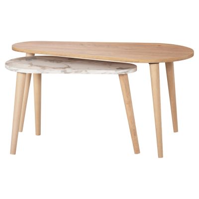 COFFEE TABLES 2PCS APRILIA HM18179.03 MELAMINE IN NATURAL & WHITE MARBLE-WOODEN LEGS IN NATURAL 94x47x47,5Hcm