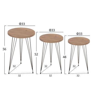 SET OF 3 ROUND SIDE TABLES NISSA HM18173.04 MELAMINE IN NATURAL WOOD COLOR-BLACK METAL LEGS