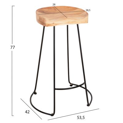 BAR STOOL ELEANOR HM8363.21 SOLID ACACIA WOOD-BLACK METAL FRAME 53,5x42x77Hcm.