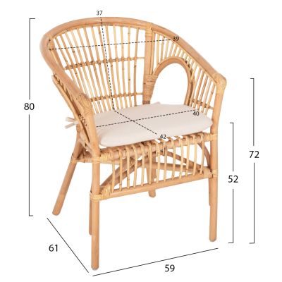 КРЕСЛО DAMPAR HM9929.04 РАТАН В ЕСТЕСТВЕНО-БЯЛО ВЪЗГЛАВНИЦА 59x61x80Hcm.