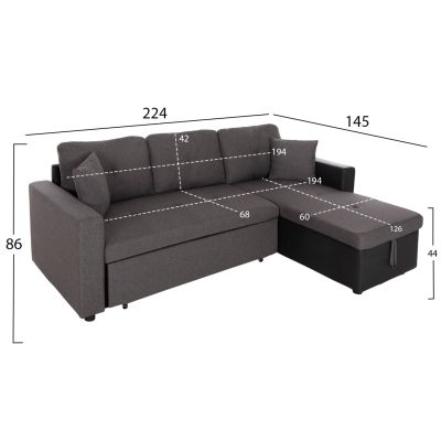 CORNER SOFA-BED WAYNE HM3028.91 GREY FABRIC-BLACK PU LEATHER 224x145x86Hcm.