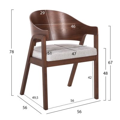 DINING CHAIR NERO HM9972 RUBBERWOOD IN WALNUT COLOR-GREY FABRIC SEAT 56x56x78Hcm.