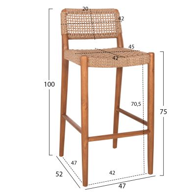 BAR STOOL ROSCO HM6134.01 TEAK WOOD IN WALNUT-VIRO ROPE IN BROWN 47x52x100Hcm.