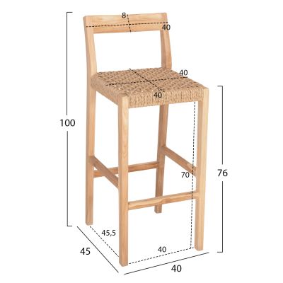 BAR STOOL WITH BACKREST PLERED HM6129 TEAK WOOD & VIRO ROPE 40x45x100Hcm.