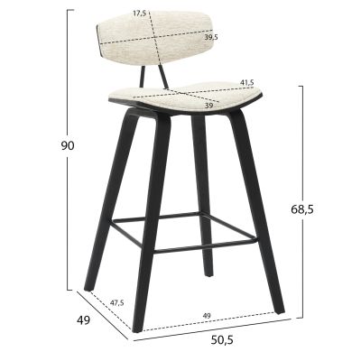 BAR STOOL MED.HEIGHT INOVER HM9984.02 METAL & PLYWOOD-ECRU FABRIC 50,5x49x90Hcm.