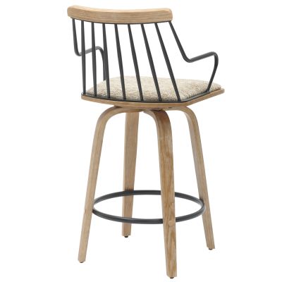 BAR STOOL JUDI HM9985.01 PLYWOOD IN WHITEWASH-BLACK METAL-BEIGE FABRIC 48x52x92Hcm.