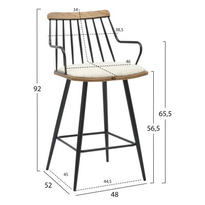 BAR STOOL MED.HEIGHT JUDI HM9985.02 BLACK METAL-ECRU FABRIC 48x52x92Hcm.