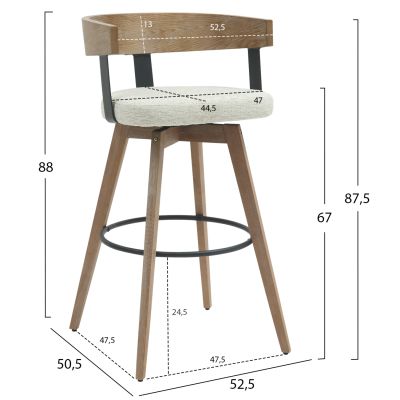 BAR STOOL MEDIUM HEIGHT SWIVEL LANI HM9988.01 BEECH WOOD LEGS-PLYWOOD BACK-ECRU FABRIC SEAT 52,5x50.5x88Hcm.