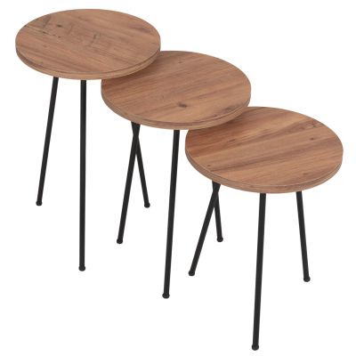 SET OF 3 ROUND SIDE TABLES KISSA HM18174.04 MELAMINE IN NATURAL WOOD COLOR-BLACK METAL LEGS