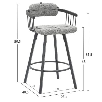 BAR STOOL SWIVEL LANG HM9990.02 BLACK METAL FRAME-GREY FABRIC 51,5x48,5x89,5Hcm.