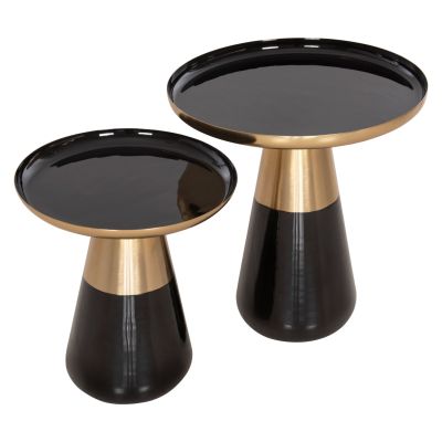 COFFEE TABLES 2PCS OLUF HM9922 ENAMELED METAL-GLOSSY BLACK-MAT GOLD Φ50 & Φ41 cm.