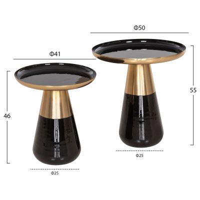 COFFEE TABLES 2PCS OLUF HM9922 ENAMELED METAL-GLOSSY BLACK-MAT GOLD Φ50 & Φ41 cm.