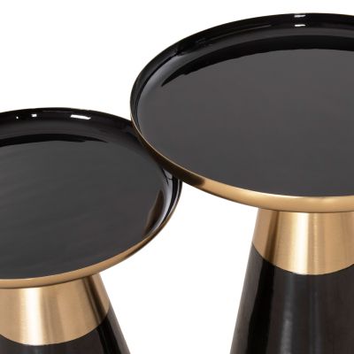 COFFEE TABLES 2PCS OLUF HM9922 ENAMELED METAL-GLOSSY BLACK-MAT GOLD Φ50 & Φ41 cm.