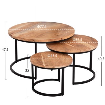 NESTING TABLES 3pcs OBI HM9255.21 ACACIA WOOD- METAL BLACK LEGS Φ77.5x47.5Hcm.