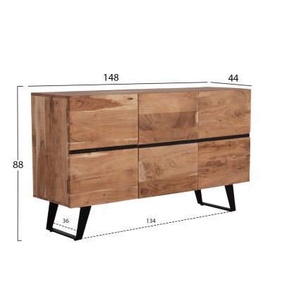 SIDEBOARD WITH 3 CABINETS ALICIA HM8475.21 SOLID ACACIA WOOD-METAL 148x44x88Hcm.