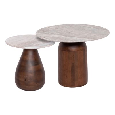 SET 2PCS COFFEE TABLES MALED HM21080 GREYISH WHITE MARBLE-MANGO WOOD