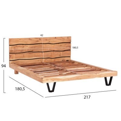 BED ALICIA HM8359.21 METAL-SOLID ACACIA WOOD-LIGHT NATURAL-MATTRESS 160x200cm.