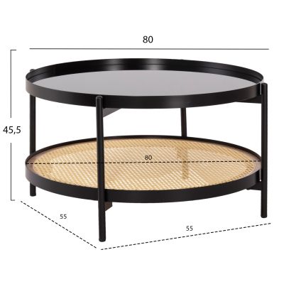 COFFEE TABLE SEITZ HM18030 GLASS TOP-METAL-RATTAN IN NATURAL Φ80x45Hcm.