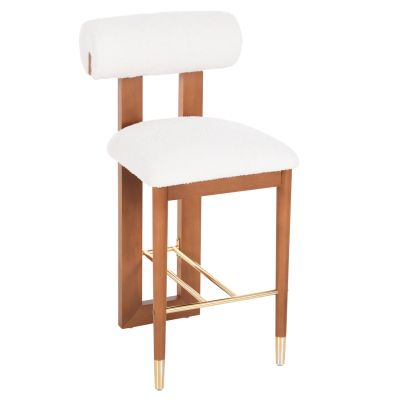 BAR STOOL TONDELLA HM18146.12 WALNUT WOOD-BOUCLE FABRIC WHITE-METAL IN GOLD 47x57x99Hcm.